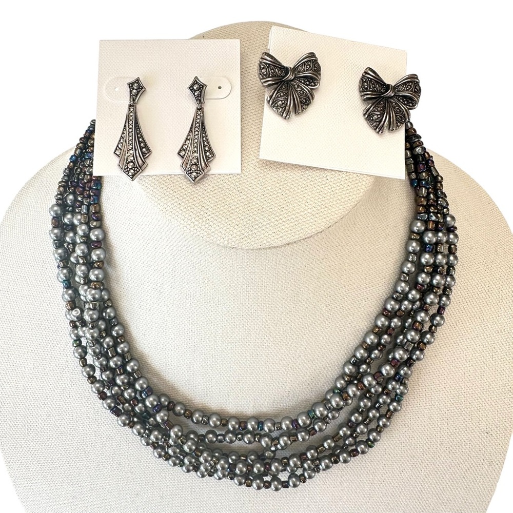 Marcasite Inspired Silver Tone Artisanal Multi Strand Necklace & 2 Pair Earrings